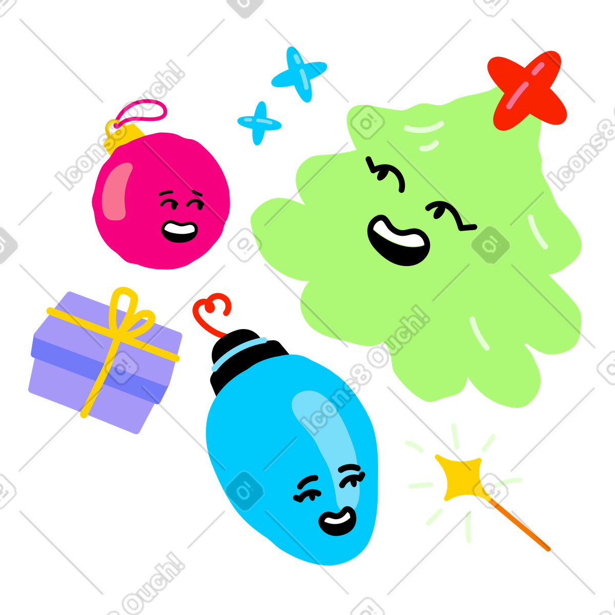Christmas characters: tree, ornament and bulb illustration in Giggle style download in PNG, SVG