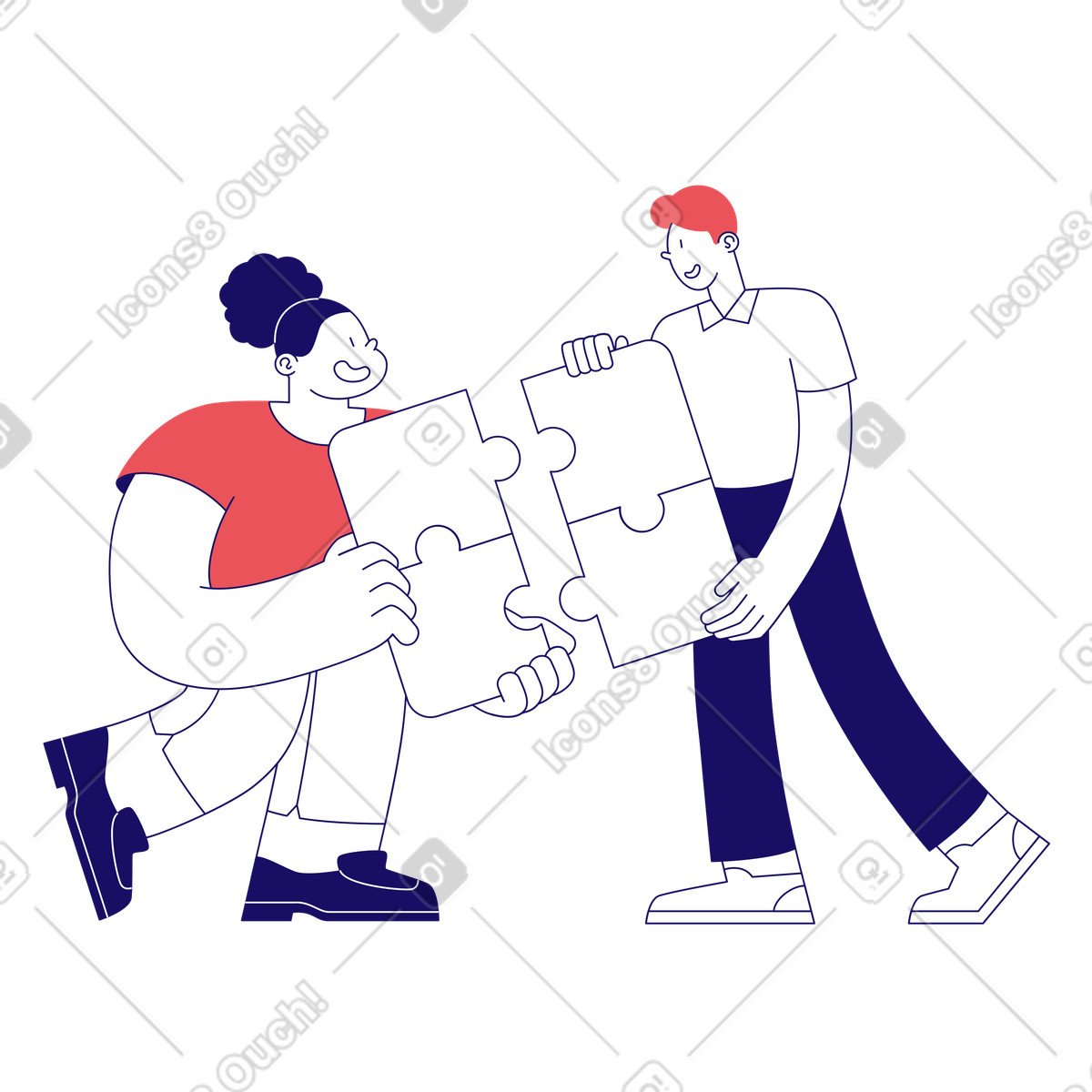 Eine frau und ein mann setzen das puzzle zusammen-Illustration im Bendy-Stil als Download in PNG, SVG