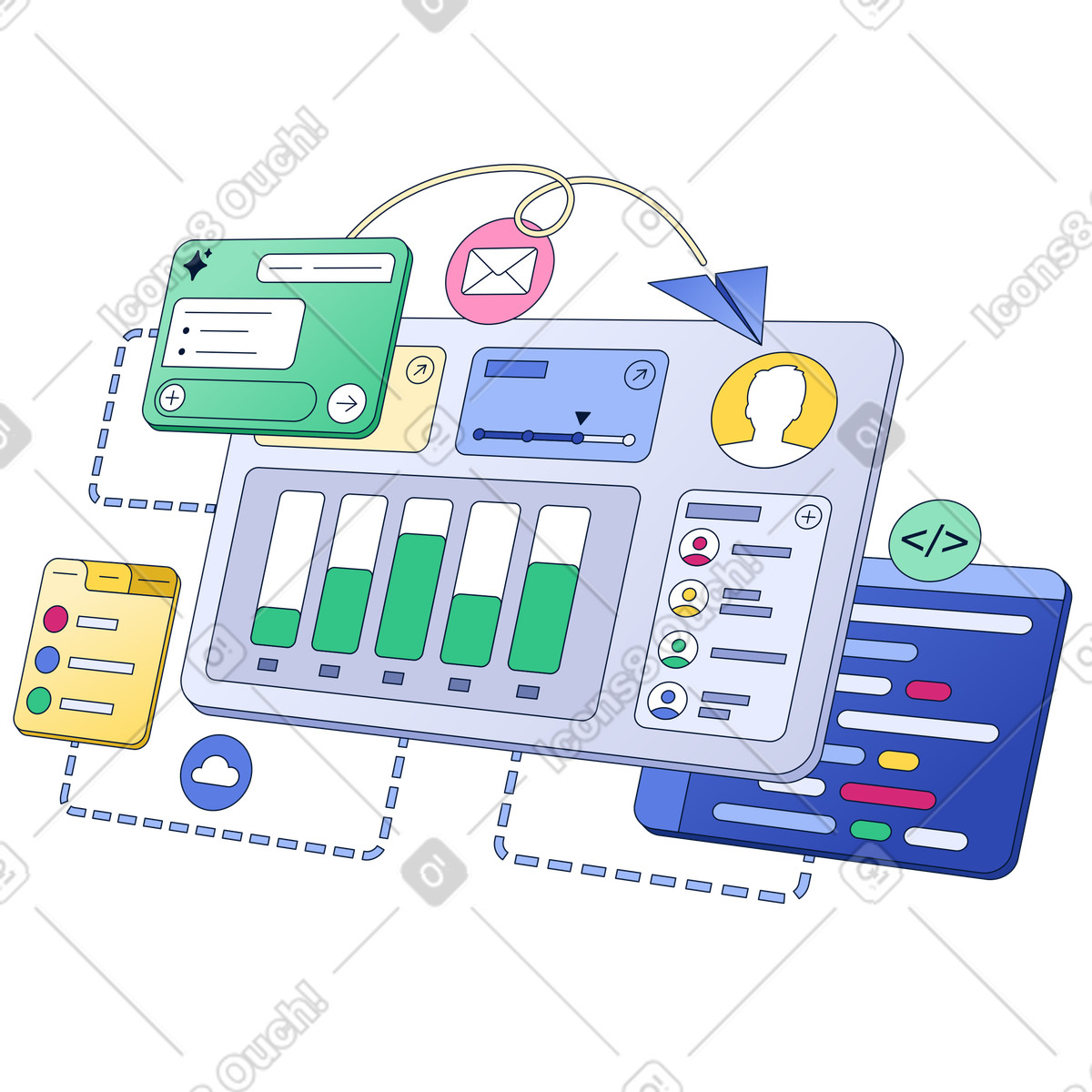 Modular workspace dashboard with connected business applications illustration in Neat style download in PNG, SVG