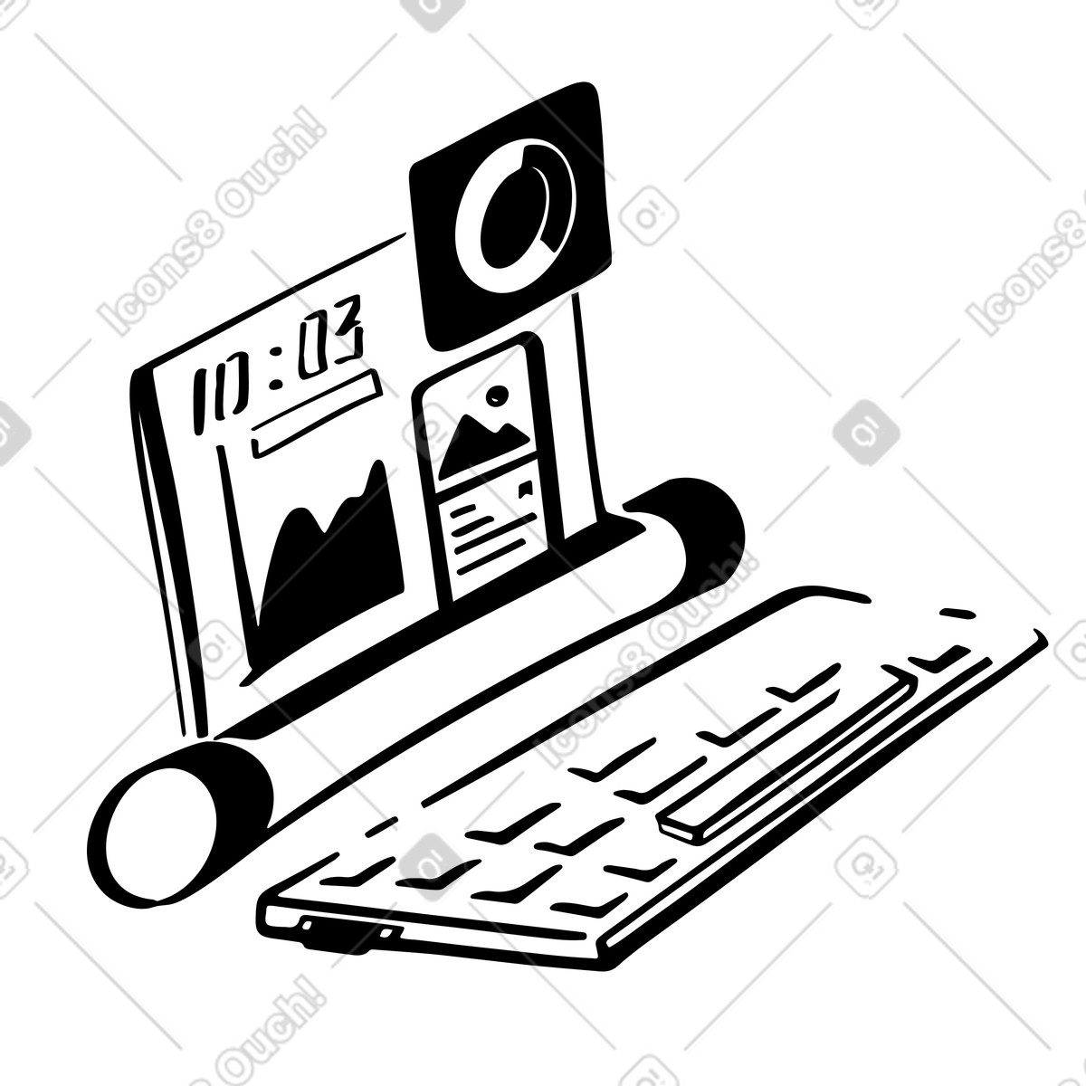 Keyboard and holographic display with virtual analytics dashboard, future-ready digital tools and workspace innovation illustration in PNG, SVG