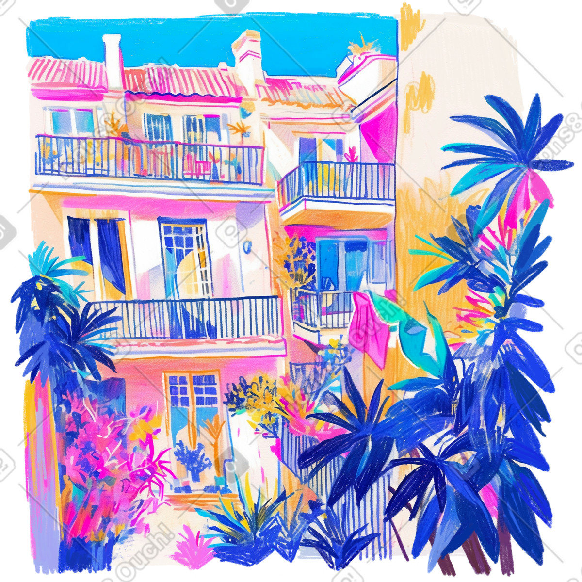Illustration Dessin au crayon d'un bâtiment avec des plantes et balcons ensoleillés dans le style Fuchsia à télécharger aux formats PNG, SVG