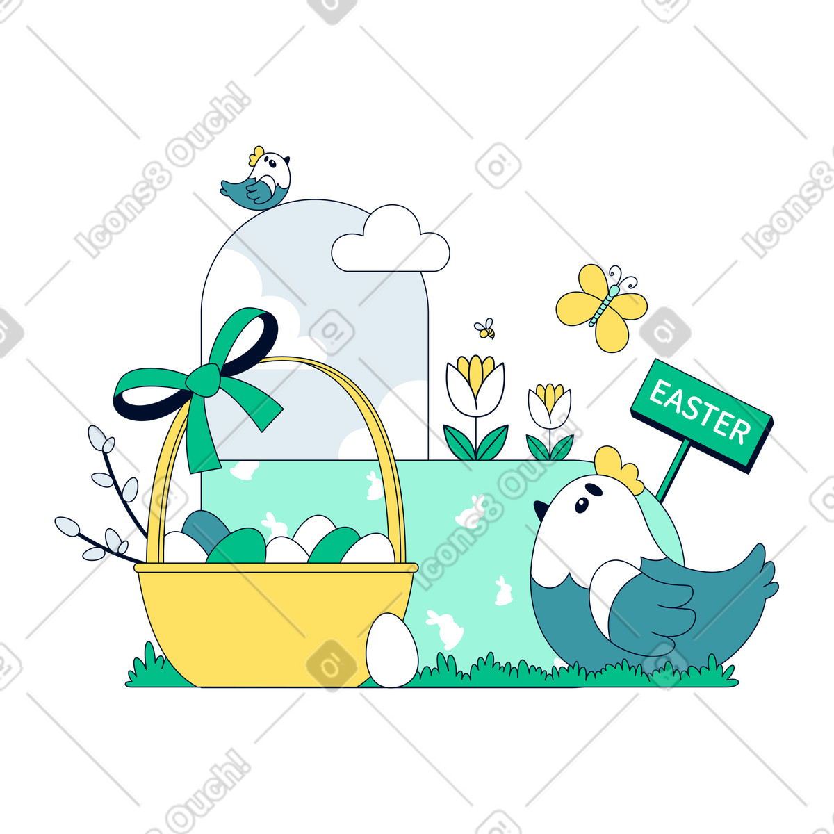 Pollo pasquale con cesto di uova illustrazione in stile Teal scarica in PNG, SVG