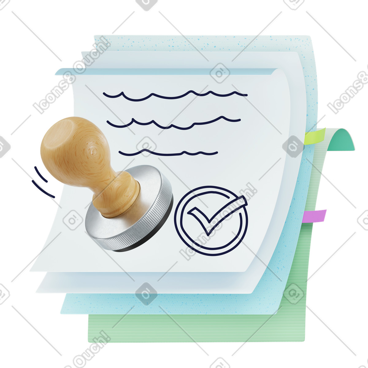Approved document with stamp and checkmark, Legal authorization compliance, approval workflow illustration in 3D Surfaced style download in PNG, SVG