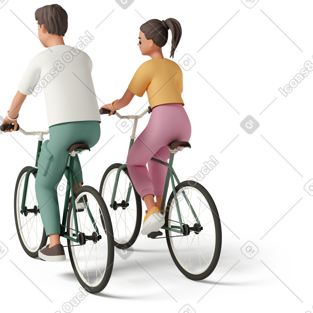 Ilustração de Three-quarter back view of young couple riding bicycles em no estilo 3D Casual life para baixar em PNG, SVG