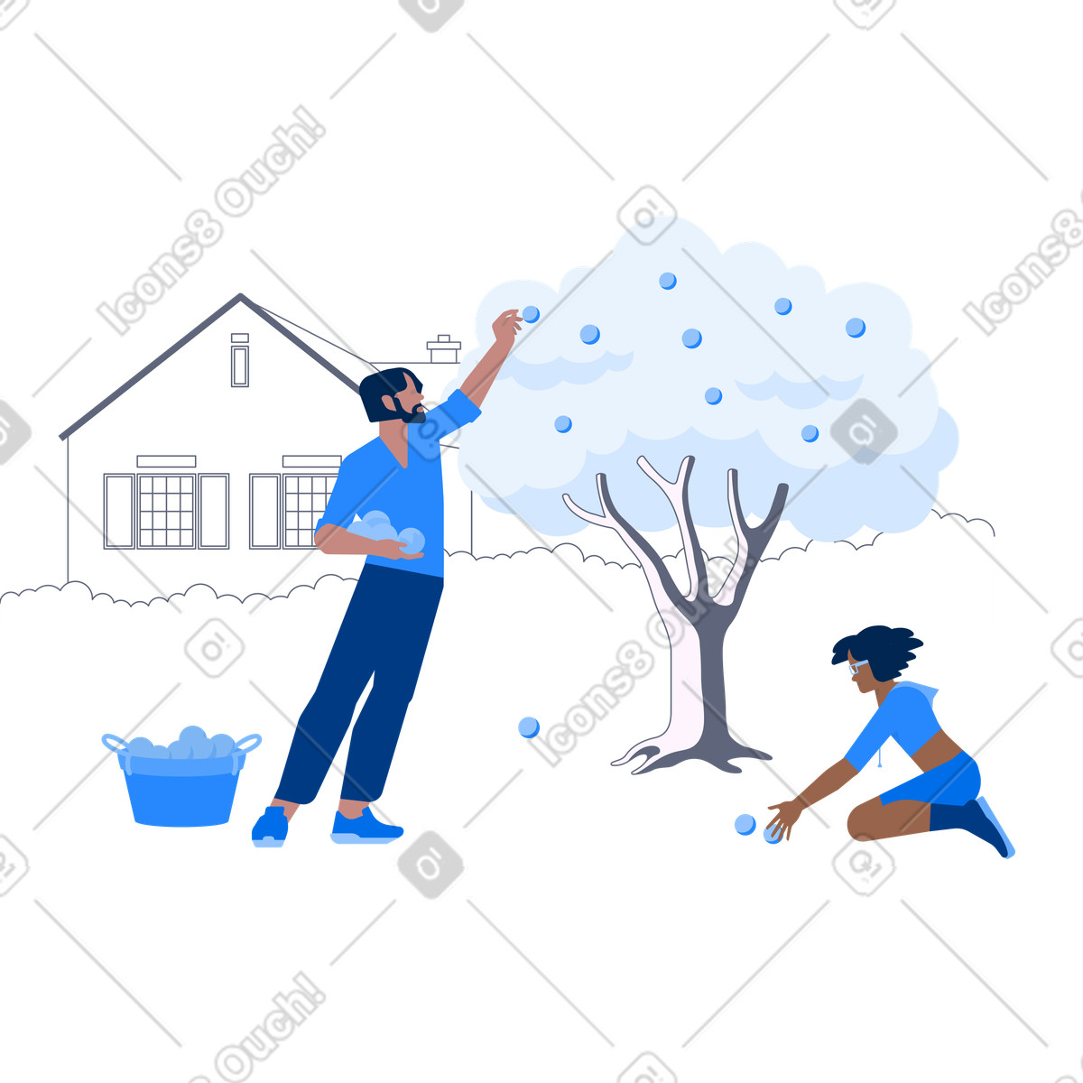 Friends picking apples near farmhouse, Local food production and fruit harvesting-Illustration im Urban-Stil als Download in PNG, SVG