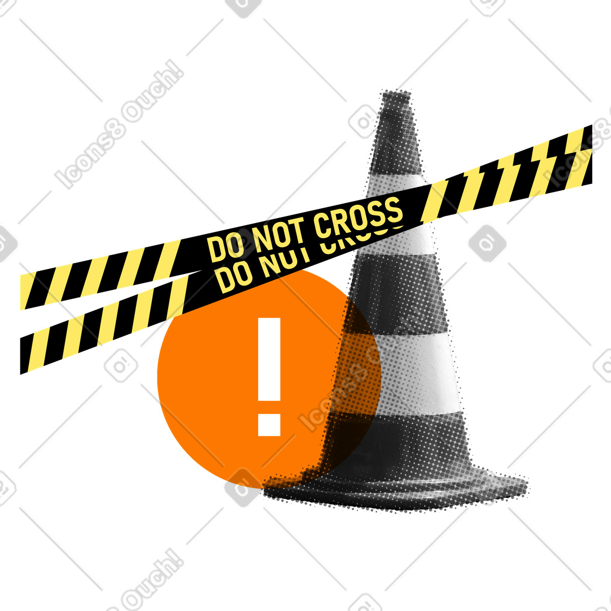 Do not cross tape with traffic cone and exclamation mark illustration in PNG, SVG