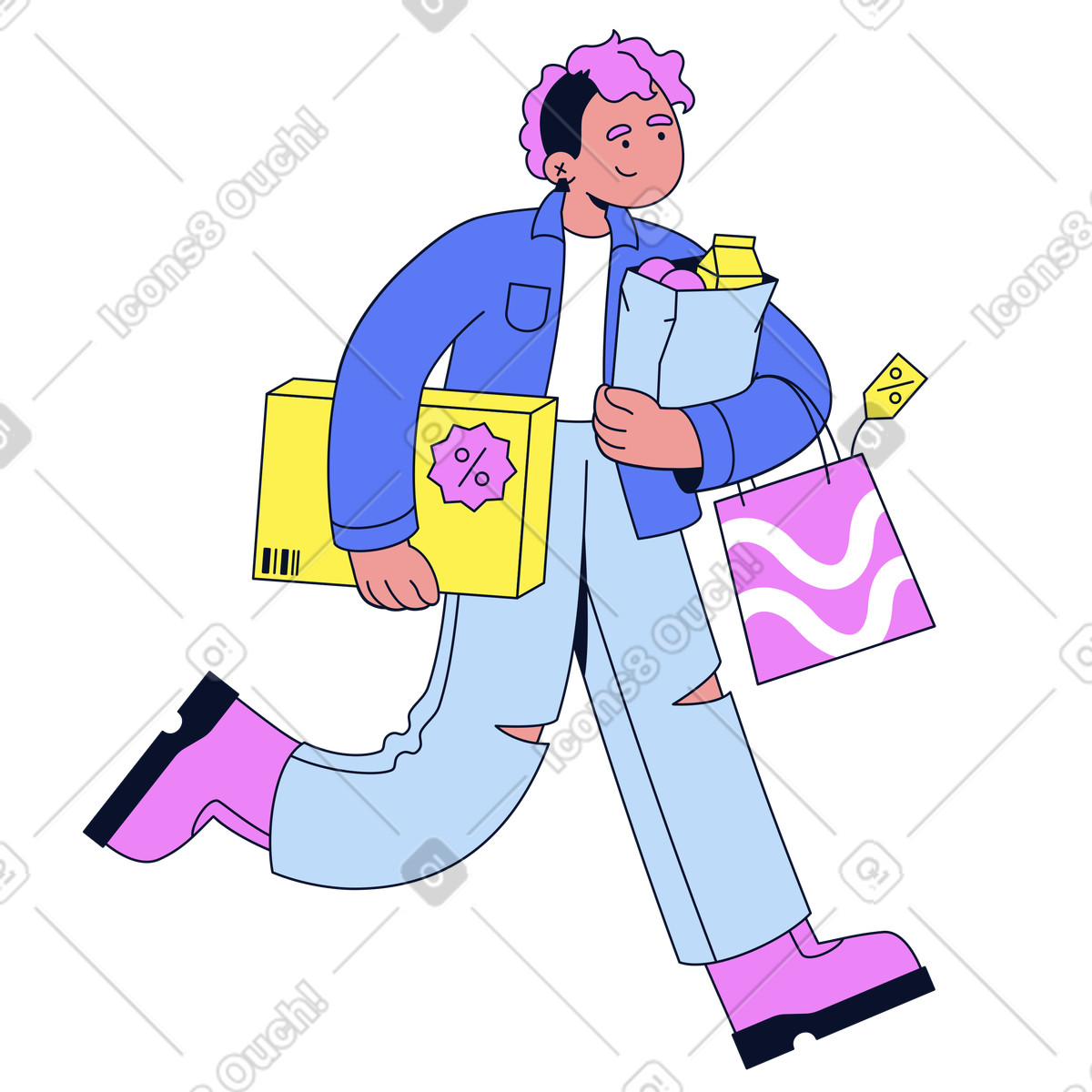 Shopper carrying sale purchases, shopping spree or retail therapy illustration in Flexy style download in PNG, SVG