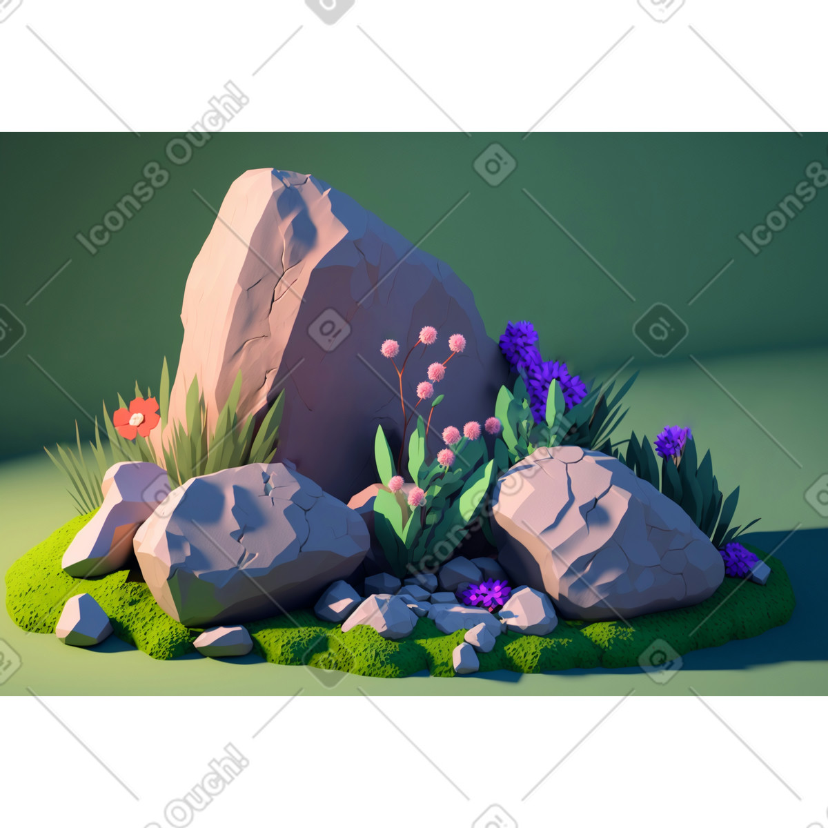 Ilustración Composición 3d de flores con rocas. en estilo Experimental a descargar en PNG y SVG