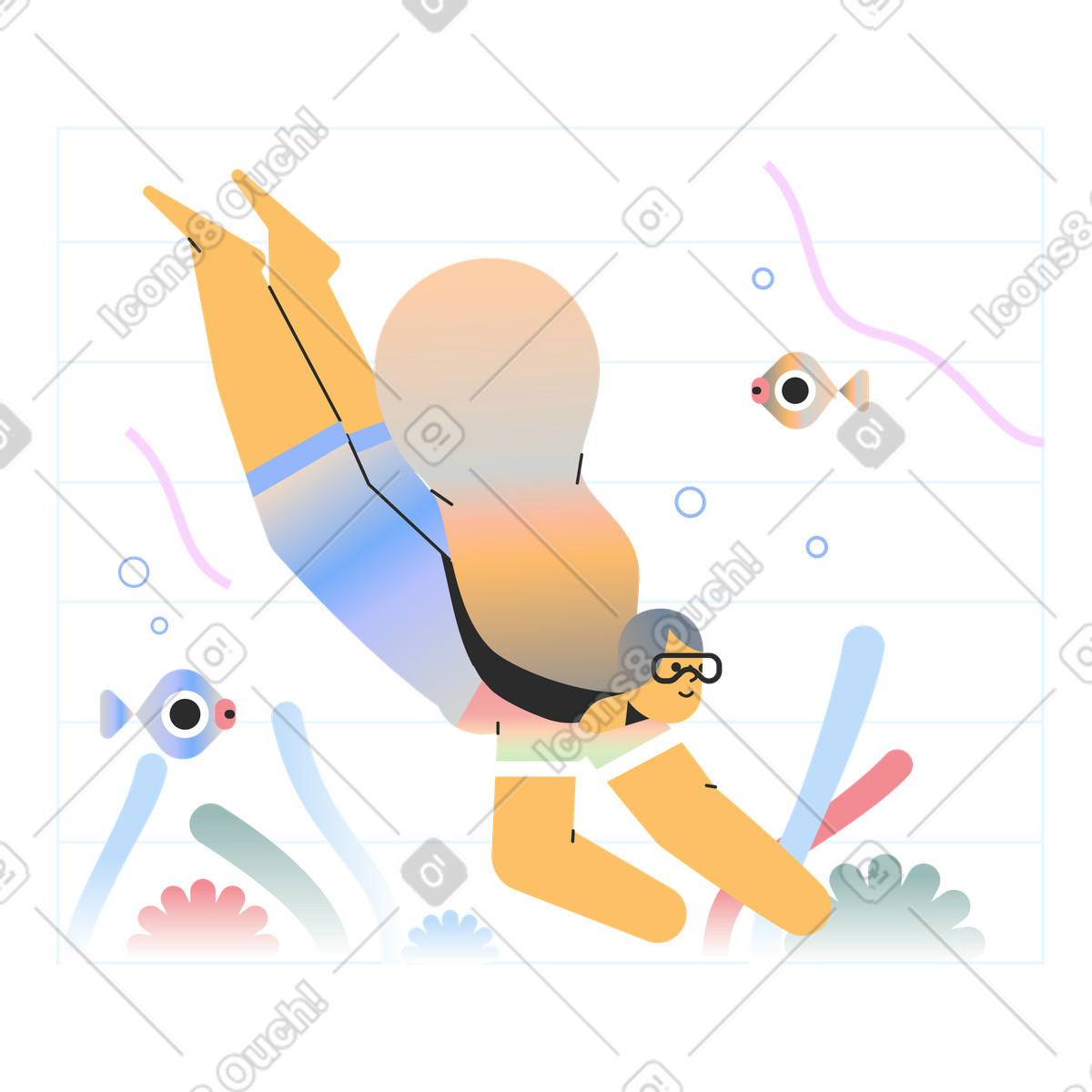 Eine person schwimmt im wasser-Illustration Marginalia-Stil als Download in PNG, SVG