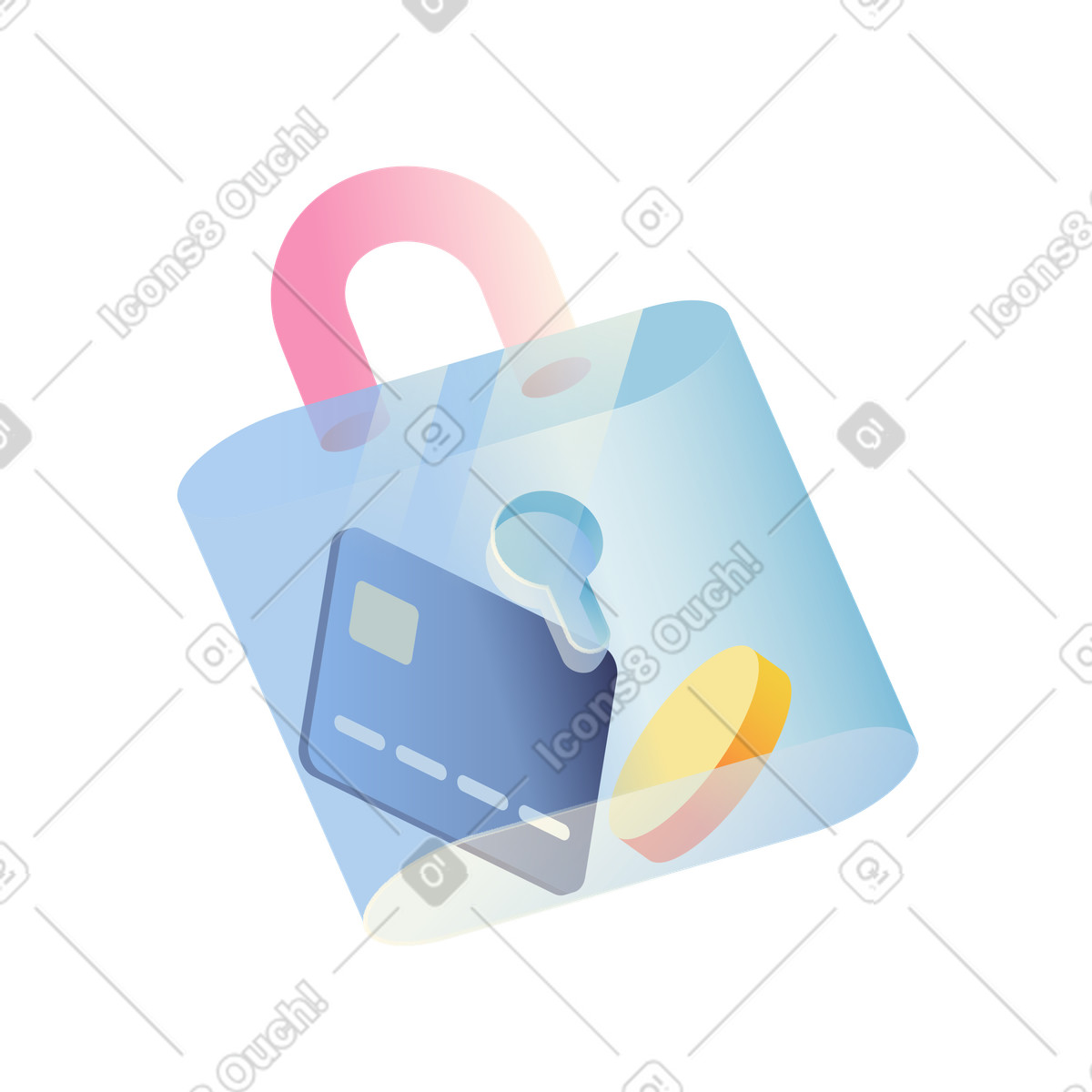 下载 Beam 风格的 Security lock protecting bank card and coin for financial data safety 插画，支持 PNG、SVG 格式