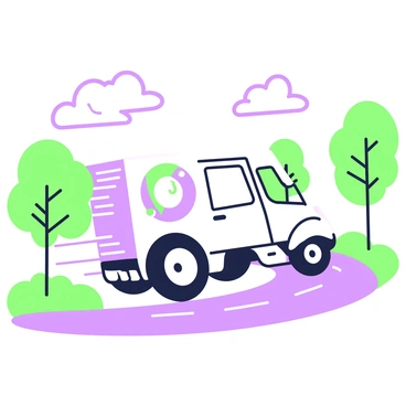 A delivery van is speeding down a winding road. The van is white with a distinct "clock" symbol prominently displayed on its side. It has large, bold tires that create a sense of motion as it moves swiftly. Surrounding the van, there are green trees lining the sides of the road, and the pavement appears slightly wet, reflecting the vibrant colors of the surroundings. A few clouds can be seen in the sky above, hinting at a dynamic day. The image captures the energy of the scene with a focus on the van's design and the motion of the road.