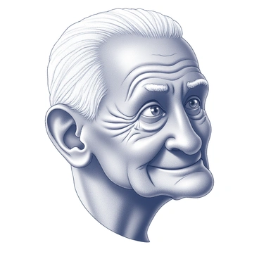A close-up view of an elderly person's face. The skin is textured with numerous age lines and wrinkles, indicating a life full of experiences. The expression conveys wisdom and tranquility, with the eyes appearing deep-set and reflective. Gray hair is visible, framing the face and adding to the overall aged appearance. The lips are slightly curved, suggesting a gentle smile, while the cheeks show a softness typical of age. This portrait captures the essence of a life well-lived.