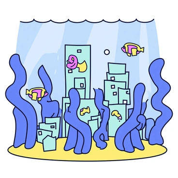 An underwater city with structures made entirely of kelp. The buildings rise gracefully from the ocean floor, shaped like flowing seaweed with intricate details. Brightly colored fish swim among the kelp structures, creating a lively atmosphere. Bubbles rise gently from the sandy bottom, and shafts of sunlight penetrate the water, illuminating the vibrant scene.