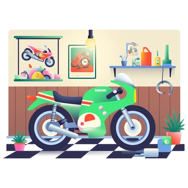 A classic vintage Kawasaki bike is prominently displayed in a retro-themed garage. The motorcycle features a shiny green frame, chrome accents, and distinctive racing stripes. The garage has wooden walls adorned with old posters of motorcycle races and mechanical tools hanging on the walls. A worn-out workbench, cluttered with vintage tools and a small green oil can, is positioned to the side. The floor is a checkered pattern of black and white tiles, and a soft light bulb hangs from the ceiling, casting a warm glow over the scene. A few potted plants are placed around the bike, adding a touch of greenery to the nostalgic atmosphere.