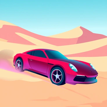 A sleek, modern Porsche in a vibrant shade of red is expertly drifting across the golden sands of a vast desert landscape. The car’s tires kick up plumes of dust and sand, creating a dynamic scene. In the background, towering sand dunes rise against a clear blue sky, their curves forming a stark contrast to the sharp lines of the vehicle. The sun casts long shadows, emphasizing the curves of the dunes and the aerodynamic design of the Porsche, which showcases its aggressive stance and glossy finish.
