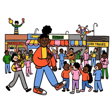 Tracy Beaker, a girl with medium skin and dark hair styled in a messy bun, is exploring a bustling town square. She is wearing a bright red jacket over a yellow shirt, paired with blue jeans and colorful sneakers. Surrounding her are various shops with vibrant awnings displaying colorful signs. Street performers are scattered throughout the square, including a juggler dressed in a multicolored outfit and a musician playing a guitar. A group of children is gathered around the performer, watching intently. The atmosphere is lively, with people chatting and laughing as they enjoy the vibrant scene.