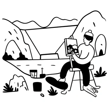 An artist with a beret is sitting on the shore of Lake Mead, focused intently on painting a landscape of the Hoover Dam. The easel is set up beside them, displaying a partially completed canvas that captures the grand structure of the dam. Nearby, there are various art supplies scattered such as paint tubes and brushes. The water of Lake Mead glistens in the foreground, with rocky terrain and desert flora framing the scene. The skyline of the Hoover Dam looms in the background, showcasing its massive concrete structure against the rugged landscape.