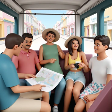 A group of five tourists, consisting of two men and three women, are inside a bus. One man, wearing a blue t-shirt and beige shorts, is pointing at a large map spread out on his lap. The other man, dressed in a red polo shirt and jeans, is leaning closer to examine the map. One woman, in a green sundress with a wide-brimmed hat, is taking notes on a small notepad. The second woman, wearing a yellow tank top and denim shorts, is looking out the window with a camera in hand, ready to capture the scenery. The last woman, in a white t-shirt and floral skirt, is listening intently and smiling. Outside the bus, a lively urban area is visible, with colorful buildings, street art, and pedestrians walking by.