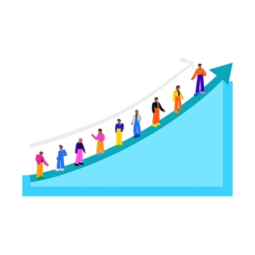 A colorful graph displaying a series of human figures along a curved line that represents population increase over time. The figures are varied in appearance, showcasing different ages, genders, and ethnicities, standing at various points along the curve. Each section of the graph is labeled with numbers indicating years, and there are arrows pointing upward along the curve to emphasize growth. The background has a light blue gradient to create contrast with the figures and graph lines.
