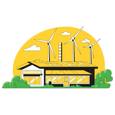 A factory building with a large, flat roof covered in yellow solar panels, positioned prominently amidst a landscape. Several tall wind turbines stand nearby, their blades rotating in the wind. The factory features large windows and a modern design. Surrounding the factory are green fields with a clear sky above, providing a sense of a sustainable environment.