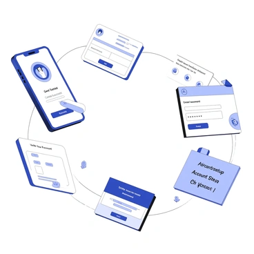 A workspace featuring a series of steps illustrating a user setting up a digital wallet. The first step shows a smartphone with a digital wallet app open on the screen, displaying an inviting interface with a prompt to "Get Started". The second step features a close-up of fingers tapping on the "Create Account" button, with fields for entering personal information visible beneath. The third step shows the user receiving an email on another device, with a notification highlighting "Verify Your Email Address". The fourth step illustrates a screen with options to set a secure password, displaying strength indicators next to a password input box. The fifth step depicts the final confirmation screen with a message saying "Account Setup Complete", accompanied by icons of a wallet and currency symbols. Each step is clearly labeled, guiding the viewer through the wallet setup process.