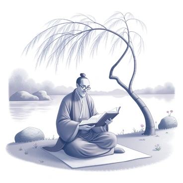 A Confucian scholar is seated on a blanket spread on the grass. He is holding an ancient classic text open in his hands, with his eyes focused intently on the pages. The scholar is wearing traditional scholarly robes. Nearby, a willow tree extends its graceful branches, gently swaying in the breeze above him. In the background, a tranquil river reflects the surrounding nature, with soft ripples breaking the surface. Various rocks line the riverbank, and a few wildflowers peek through the grass, adding detail to the serene landscape.