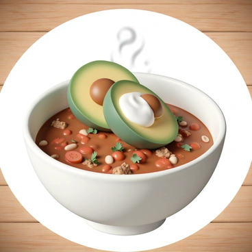 A fresh avocado, vibrant green in color, sliced in half and positioned neatly, with the inner flesh facing up. The avocado slices are artistically arranged on top of a steaming bowl of chili. The chili is rich and hearty, featuring a deep red color with visible chunks of beans, tomatoes, and ground meat. The bowl is white with a smooth finish, and the chili is garnished with a sprinkle of chopped cilantro and a dollop of sour cream. The background shows a rustic wooden table, adding to the overall appeal of the dish.