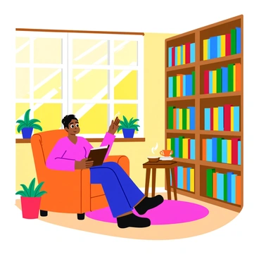 A cozy library corner filled with tall stacks of colorful books. A comfortable armchair in a soft fabric is positioned near a large window, allowing warm sunlight to pour in. A person with short dark hair is seated in the armchair, focused on a thick book held in their hands. A small wooden side table beside the chair holds a steaming cup of tea. A plush rug covers the wooden floor, adding to the inviting atmosphere. Green plants are placed on the windowsill, bringing life to the scene. The walls are lined with bookshelves filled with neatly arranged books of various sizes and colors.