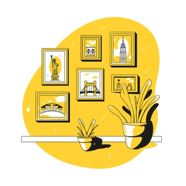 A gallery wall showcasing several framed illustrations. Each frame contains an illustration of an iconic NYC landmark, including "the Statue of Liberty," "the Empire State Building," "Brooklyn Bridge," and "Central Park." The frames are various sizes and styles, arranged in a collage format. The wall is adorned with a subtle texture, enhancing the visual appeal of the illustrations. A small plant is placed at the base of the wall, adding a touch of greenery to the scene.