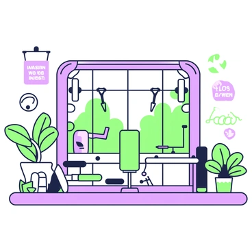 An eco-friendly gym interior features a cable crossover machine prominently positioned in the center. The machine is constructed from sustainable materials, showcasing a sleek and modern design with green accents. Surrounding the machine, there are various fitness equipment items made from eco-friendly resources, including weight benches and cardio machines. Natural light floods the space through large windows, illuminating plants arranged in the corners, enhancing the gym's commitment to sustainability. The walls are adorned with motivational quotes related to fitness and environmental responsibility.