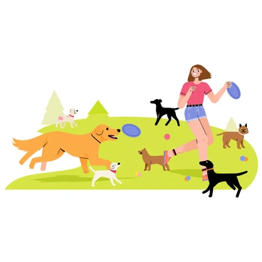 A girl with long brown hair is playing fetch with her golden retriever at a dog park. She is wearing a bright red T-shirt and denim shorts. The golden retriever is running excitedly with a blue frisbee in its mouth. Around them, several other dogs, including a small white poodle, a black Labrador, and a brown bulldog, are engaged in play. The park has green grass and a few trees in the background. There are colorful dog toys scattered across the ground. The girl is laughing as she prepares to throw another frisbee for her dog.