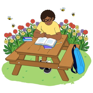 A student with medium brown skin and curly hair, wearing glasses, is sitting at a wooden picnic table covered in an open textbook and colorful stationery. The student is focused on studying, with a pencil in hand, and has a bright blue backpack leaning against the table. Surrounding the table is a vibrant garden filled with various blooming flowers in shades of red, yellow, and purple. Bees are buzzing around the flowers, showcasing their black and yellow stripes. The sunlight is shining brightly, casting playful shadows on the ground, enhancing the cheerful atmosphere of the garden.