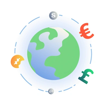 A detailed globe with a blue and green surface is positioned in the center of the image. Surrounding the globe, various currency symbols are orbiting in a circular motion. The symbols include a golden dollar sign, a silver euro symbol, a red yen symbol, and a green pound symbol. Each symbol is distinct in color and design, clearly visible as they move around the globe. The background is a soft gradient from light blue to white, enhancing the focus on the globe and the orbiting currency symbols.