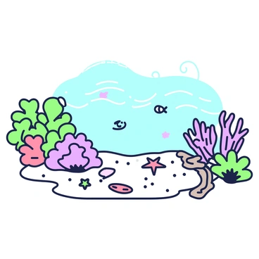 A coral lagoon with clear water. The lagoon is surrounded by vibrant coral formations, showcasing various shapes and textures. Scattered across the sandy bottom, there are several starfish, each with distinct patterns and sizes. In the water, gentle ripples create reflections on the surface, while small fish can be seen swimming near the coral. A few pieces of driftwood are partially submerged along the shoreline, adding to the natural scene.