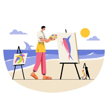 An artist stands on a sandy beach, focused on painting a "vibrant sailfish" on a large canvas. The canvas features the sailfish with striking blue and pink colors, showcasing its long, slender body and large dorsal fin. The artist holds a palette filled with bright paint colors in one hand and a brush in the other, capturing the details of the fish. Surrounding the artist, there are small easels holding other artworks, and the ocean waves gently lap at the shore in the background. A bright sun shines in a clear blue sky, illuminating the scene.
