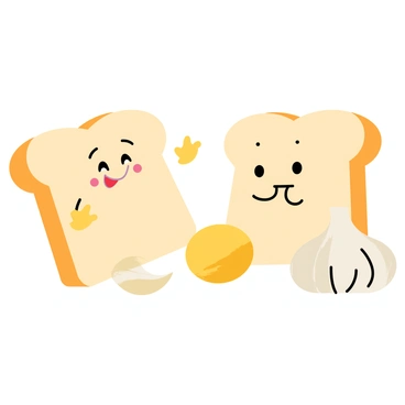 Animated garlic bread slices chatting with butter and garlic cloves
