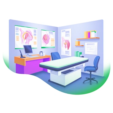 A sports medicine doctor's office featuring a large examination table at the center. The walls are adorned with detailed charts of "rotator cuff anatomy" in clear, colorful illustrations. A wooden desk is positioned in one corner, with a computer and medical equipment neatly arranged on it. Nearby, a few chairs are placed for patients, and a shelf holds medical books and reference materials. The lighting is bright, enhancing the organized and professional atmosphere of the room.