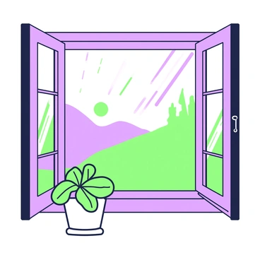 A view through a window showcasing a landscape filled with abstract shapes and forms. The window frame is detailed and wooden, with light streaming through the glass. Outside, the landscape features rolling hills and trees, created with sweeping curves and bold outlines. A bright sun sits low in the sky, casting elongated shadows across the ground. In the foreground, a flower pot rests on the window sill, with green leaves peeking out. The scene is lively, capturing the essence of an abstract representation of nature.