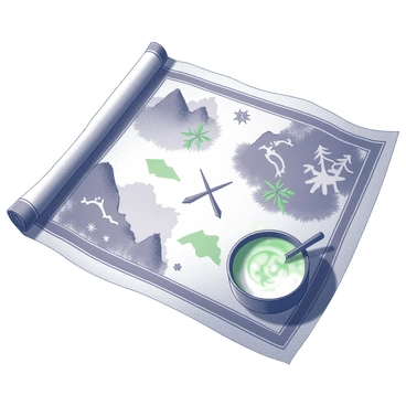 A treasure map is laid out on a textured parchment. The map features intricate hand-drawn illustrations depicting various landmarks, such as rugged mountains, a flowing river, and dense forests. An "X" marks the spot where the treasure is hidden. In one corner of the map, there is a detailed sketch of a bowl filled with cendol, showcasing the distinctive green rice flour jelly, coconut milk, and palm sugar syrup. The edges of the map are decorated with ornate, swirling designs and compass rose, emphasizing the adventure of the quest.