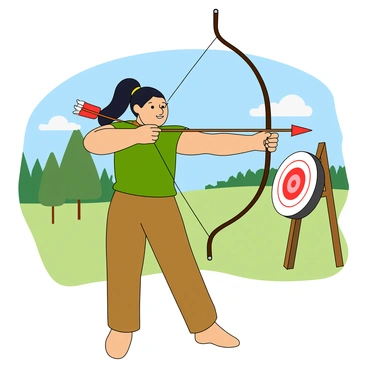 A skilled archer with tan skin and long black hair tied back is standing confidently. The archer is wearing a green tunic and fitted brown trousers. They are holding a sleek, curved bow, drawing back an arrow with precision. The arrow is poised, ready to be released, with a fletching in bright red and white colors. In the background, there is a circular target set up on a wooden stand, with the bullseye clearly visible. The surrounding area features a grassy field and a few scattered trees under a clear blue sky. The archer's stance is attentive and focused, reflecting their determination to hit the target.
