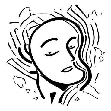 A composition of distorted line art creating the outline of a face, characterized by irregular and fragmented lines that give a digital glitch effect. The background features abstract patterns of wavy lines and shapes that enhance the sense of distortion. The overall arrangement suggests a fusion of technology and human form, with varying thicknesses of lines adding depth and complexity to the portrayal.