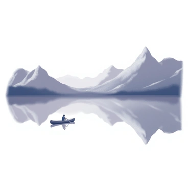 A still lake with a smooth surface, reflecting the outlines of surrounding mountains in the background. The mountains have jagged peaks and rugged terrain, creating a dramatic silhouette. A lone canoe is gently drifting on the lake, positioned towards the center of the scene. The canoe is small and simple in design, with a person seated inside, paddling slowly. The atmosphere is tranquil, with no ripples disturbing the water's surface.