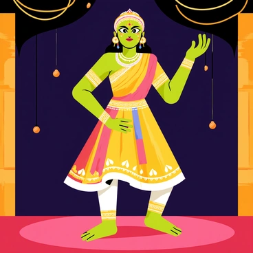 A Kathakali dancer in full costume is standing on stage, showcasing intricate movements. The dancer wears a vibrant green face painted with bold patterns, symbolizing a character from the performance. The elaborate costume features layers of brightly colored fabric with gold embellishments and ornate jewelry. The stage is illuminated, highlighting the detailed makeup, including large expressive eyes and bright red lips. The dancer's hands are poised in a mudra, and the backdrop consists of traditional decorations that enhance the cultural ambiance of the performance.