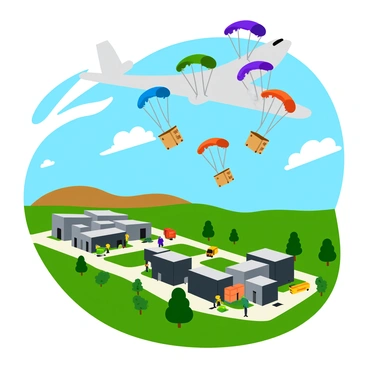 A military plane flying at a high altitude with several parachutes deployed behind it. Each parachute is brightly colored, with a distinct design, and is carefully guiding supply crates downwards. The supply crates are wooden and have "Top Secret" labels visible on their sides. Below, a military base is situated, featuring various buildings, vehicles, and personnel preparing to receive the supplies. The landscape surrounding the base is dotted with trees and open fields, all under a clear blue sky.