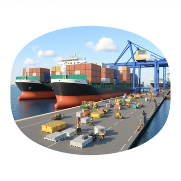 A bustling port scene with several large cargo ships docked at the pier. The ships are painted in various colors, with containers of different sizes stacked on their decks. Workers in safety vests and hard hats are moving around, loading goods onto the vessels using cranes and forklifts. There are pallets filled with boxes, equipment, and machinery arranged neatly on the dock. The port is busy with activity, and in the background, there's a clear blue sky with a few fluffy clouds. A large banner displaying "Free On Board (FOB)" is prominently featured at the dock entrance.
