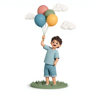 A young child, wearing a light blue t-shirt and denim shorts, is holding onto a colorful bundle of balloons. The balloons are bright red, yellow, blue, and green, floating above the child's head as they are gently lifted off the ground. The child's expression is filled with joy and surprise, with hair slightly tousled by a soft breeze. The ground is a grassy field, and the sky is clear with a few fluffy white clouds scattered above.