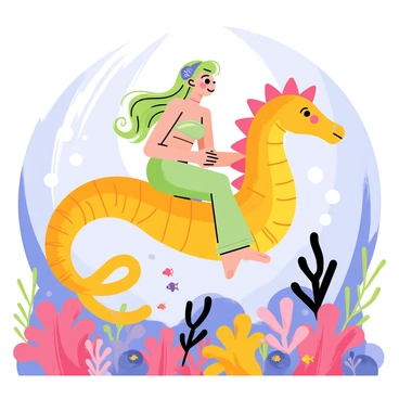 A mermaid with long flowing hair, adorned with seashell accessories, is riding a vibrant seahorse. The seahorse is bright orange with intricate patterns on its body. Surrounding them is a colorful underwater garden filled with various types of coral in shades of pink, purple, and blue. Schools of small, multicolored fish swim around the garden, and bubbles rise gently from the seahorse as it moves gracefully through the water. The background is illuminated with soft light filtering down from the surface above, creating a magical atmosphere.