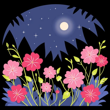 Geraniums glowing softly under the moonlight in a nighttime garden