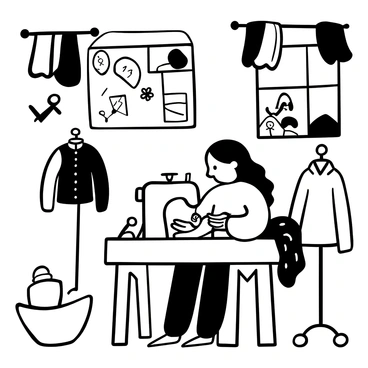 A toad sitting at a wooden sewing table, focused on stitching pieces of fabric together. The tailor shop is filled with various colorful fabrics hanging on the walls. Scissors and spools of thread are scattered around the table. There is a mannequin displaying a small jacket made for a creature, and a window shows a glimpse of a garden outside. The toad is using a thimble on its thumb while guiding the needle through the cloth.