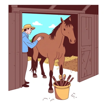 A brown horse is standing in a wooden stable where sunlight filters through the open door. The farmer, wearing a blue shirt and straw hat, is gently brushing the horse’s shiny coat. A bucket filled with grooming tools, including brushes and a comb, is placed at the horse's feet. Outside the stable, a clear blue sky is visible, and the soft rays of the sun create warm highlights on the horse and the farmer. The stable's wooden beams and hay scattered on the floor add to the rustic atmosphere of the scene.